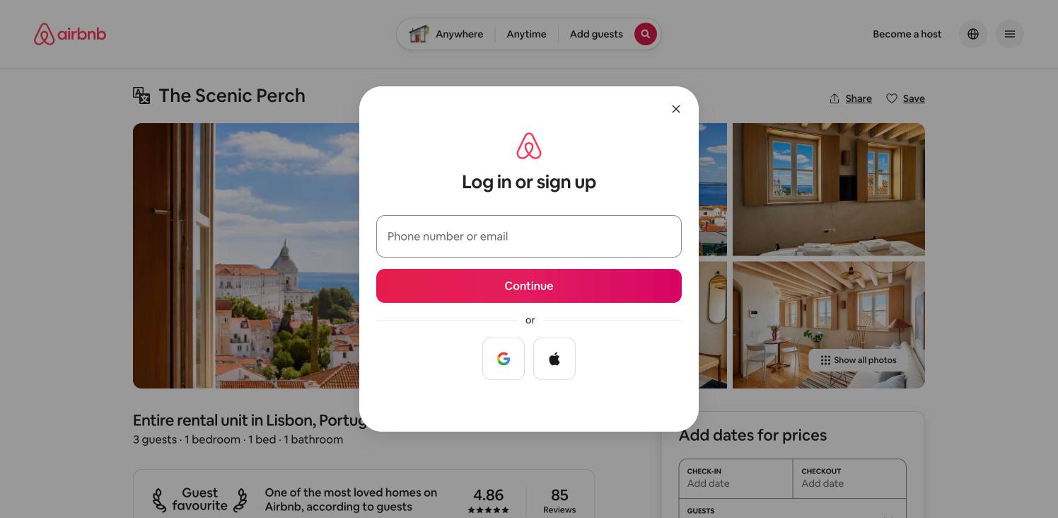 Airbnb — Log in or sign up modal