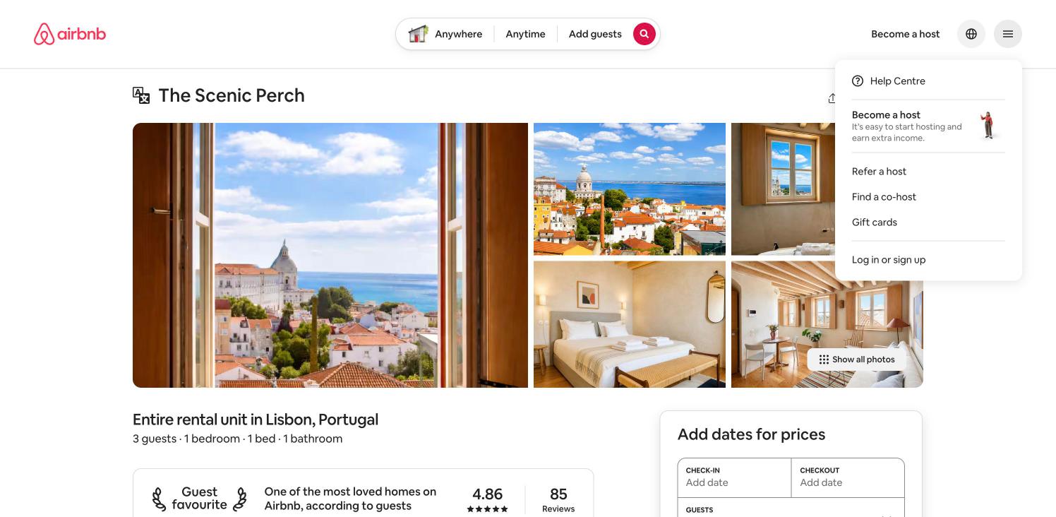 Airbnb — Header menu, logged out