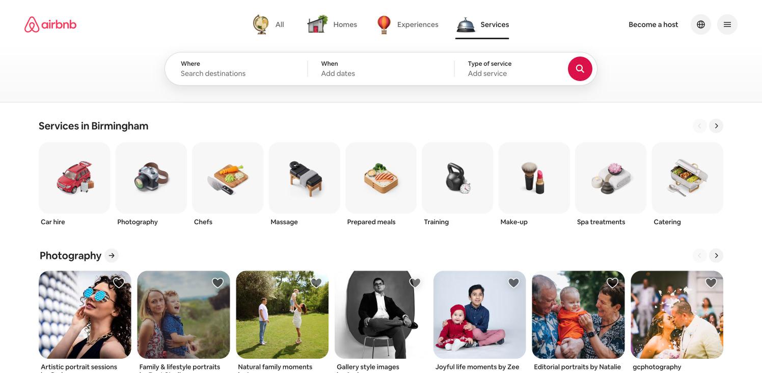 Airbnb — Services tab