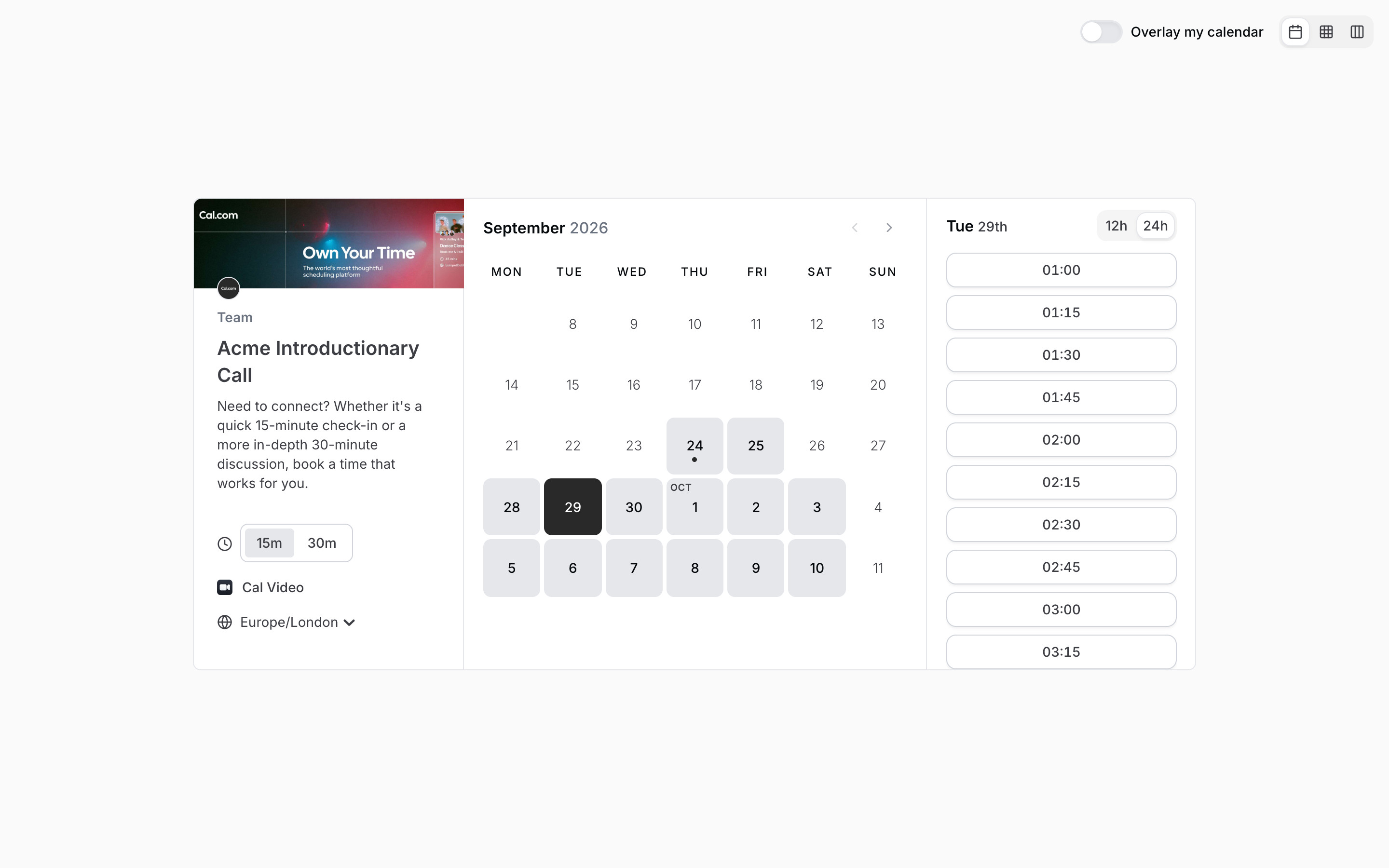 Cal.com — Date picked, time slots