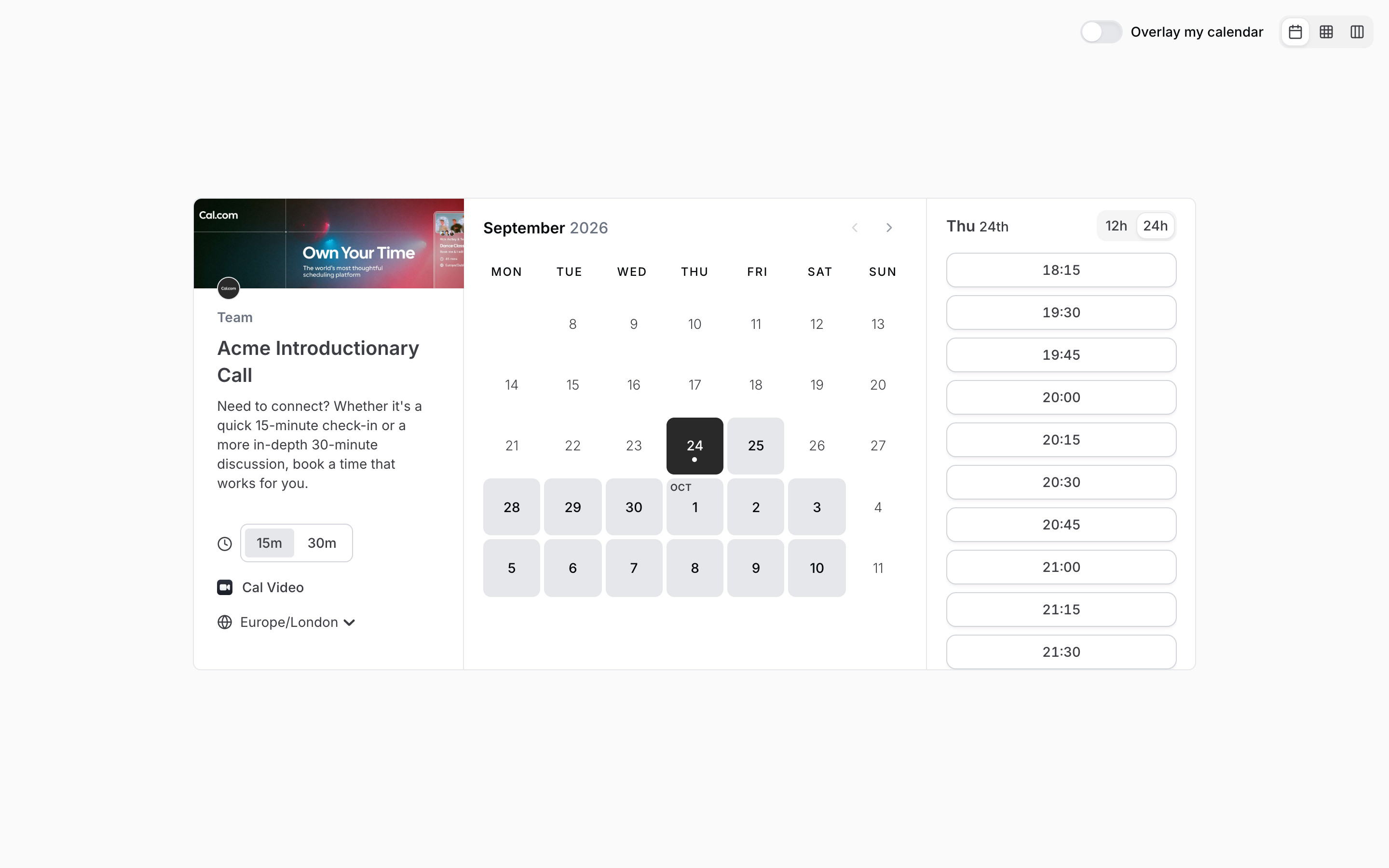 Cal.com — Booking page, month view