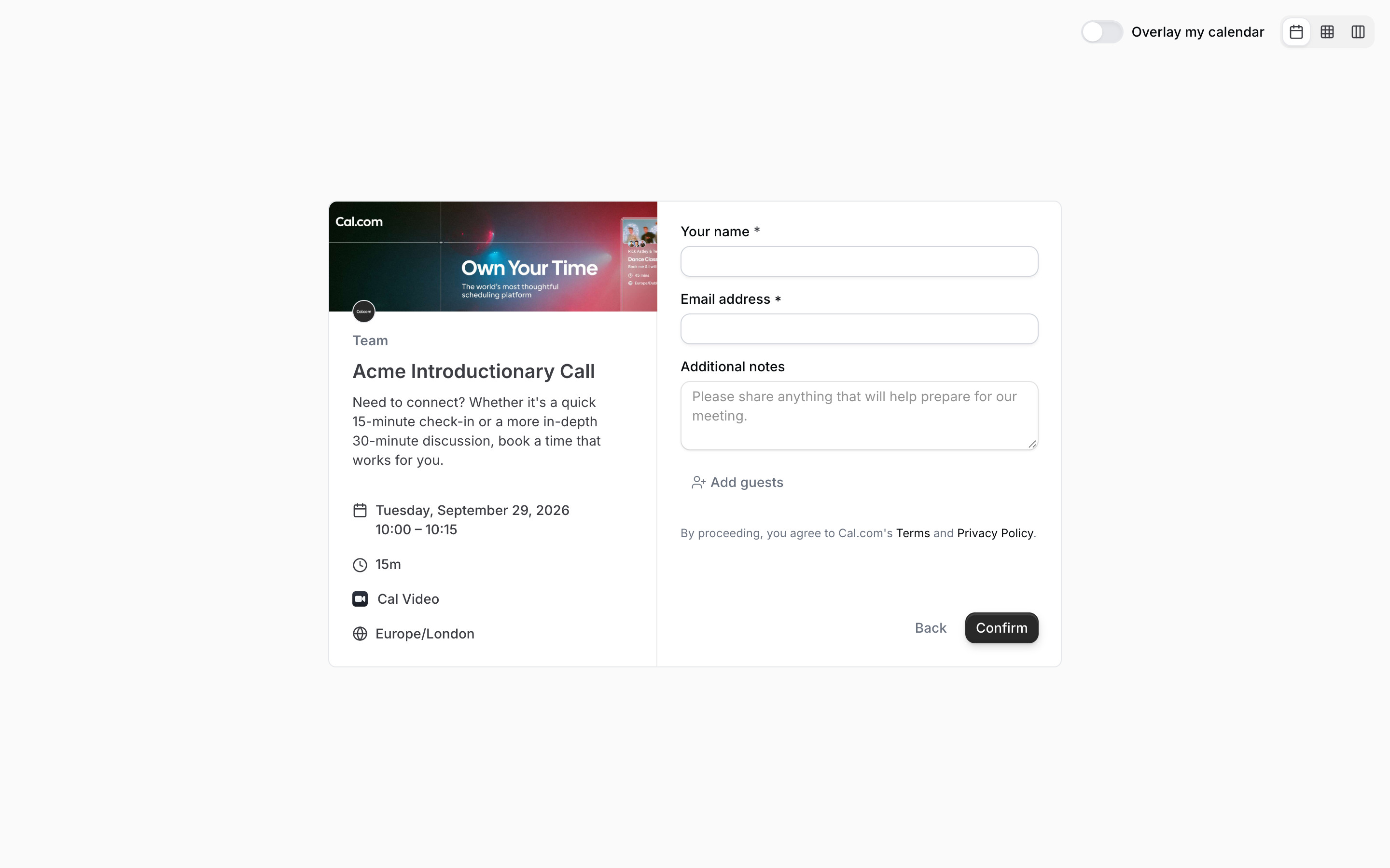 Cal.com — Booking form, empty