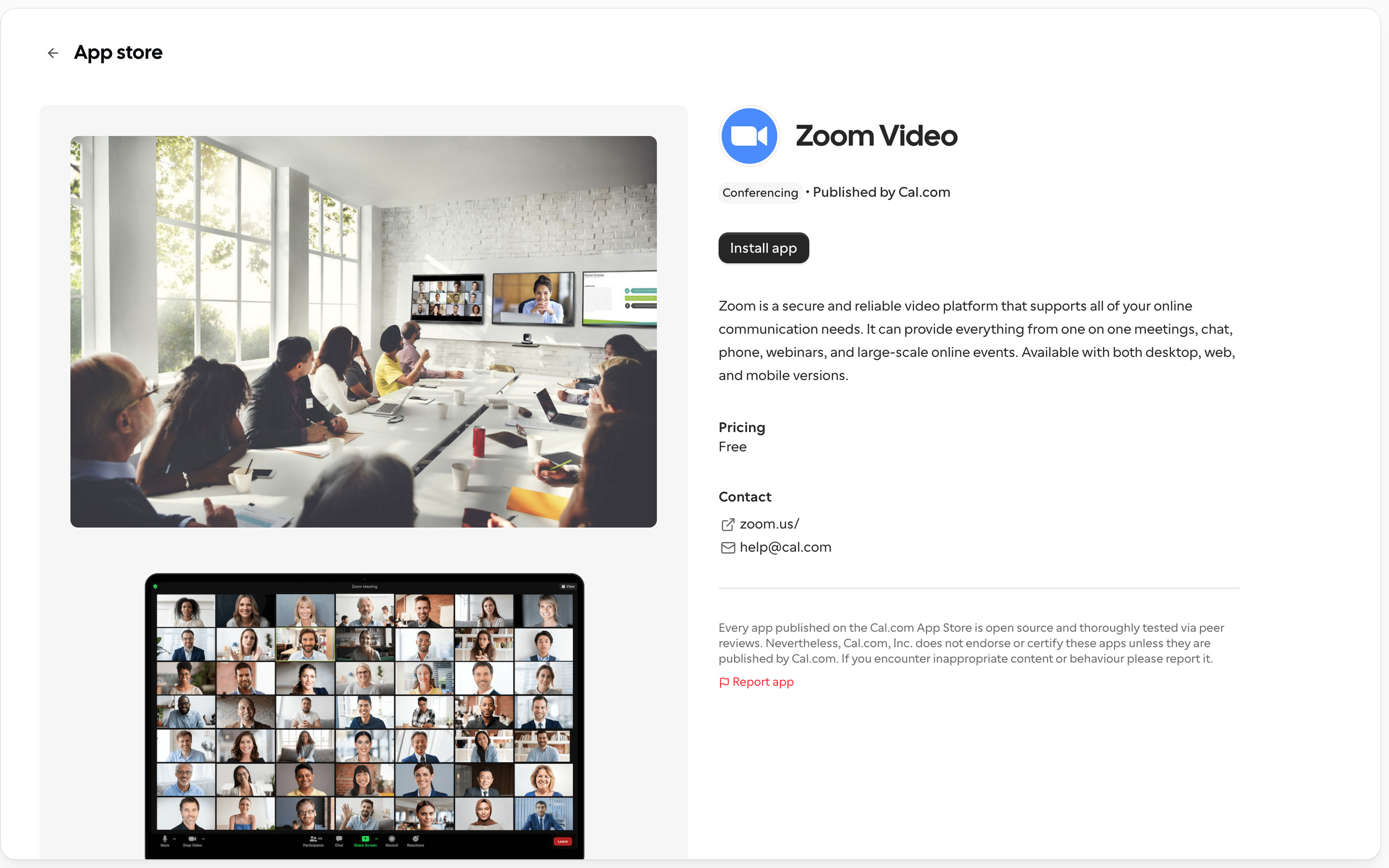 Cal.com App detail: Zoom Video