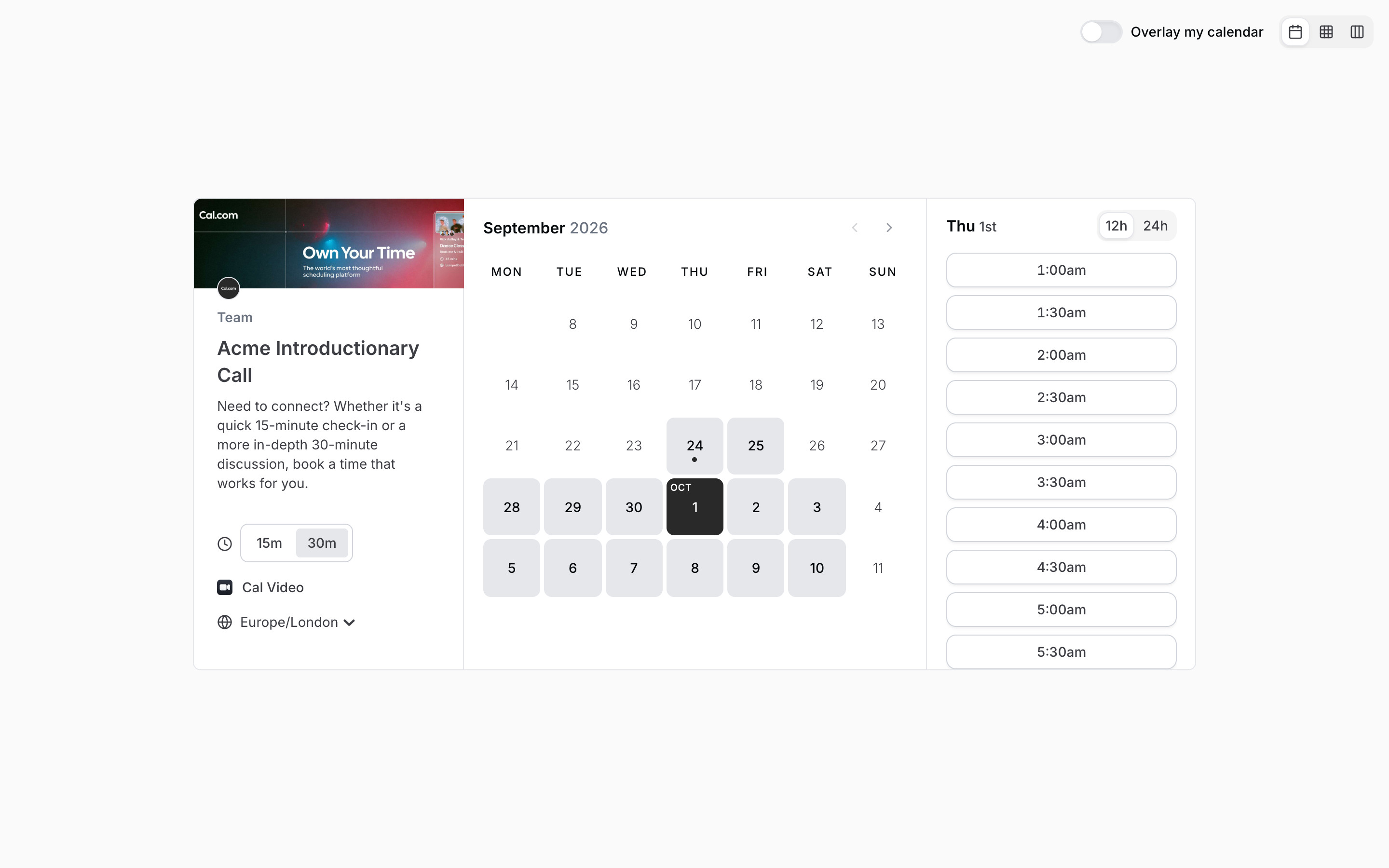 Cal.com Booking page, 30m and 12h