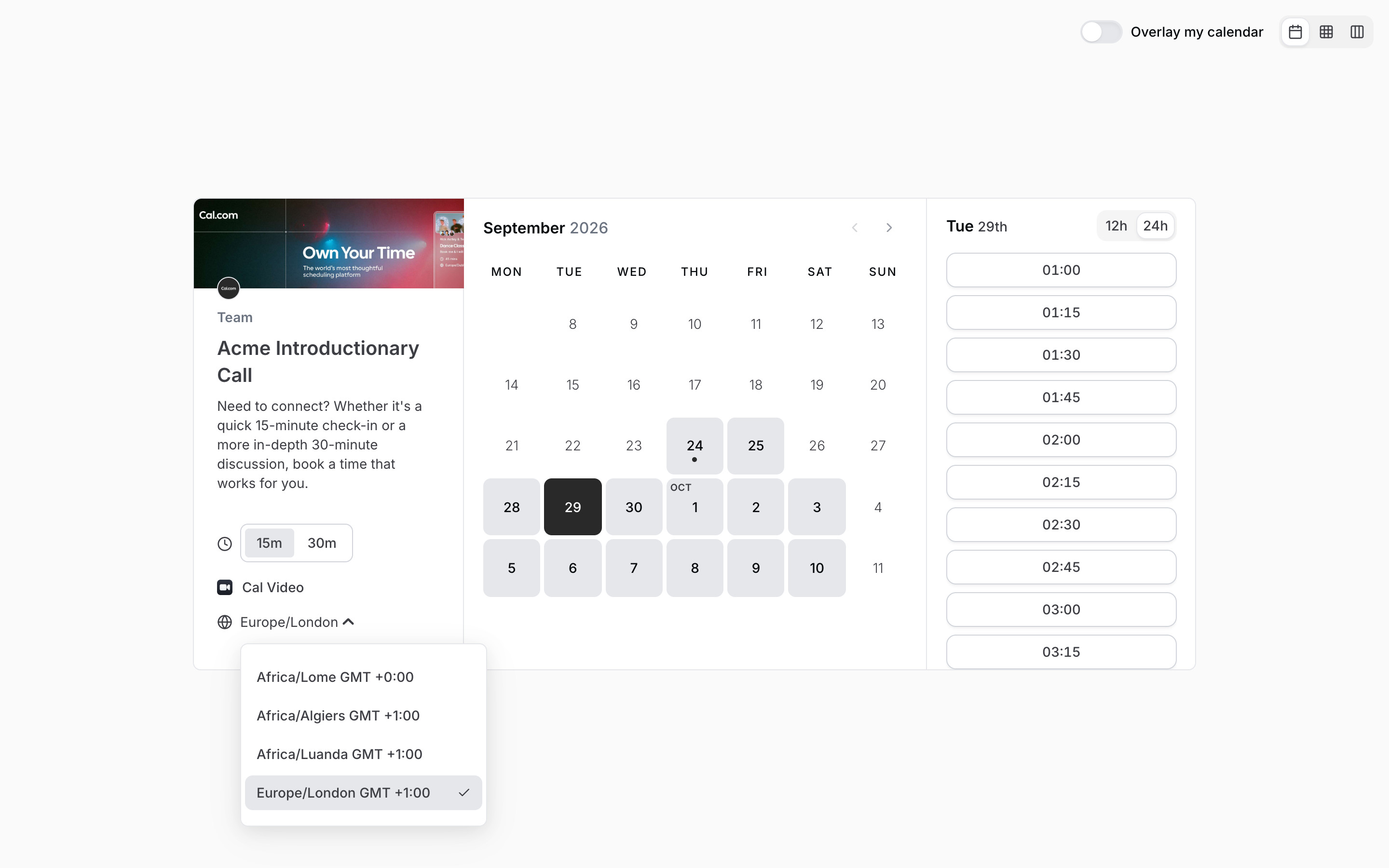 Cal.com — Timezone menu