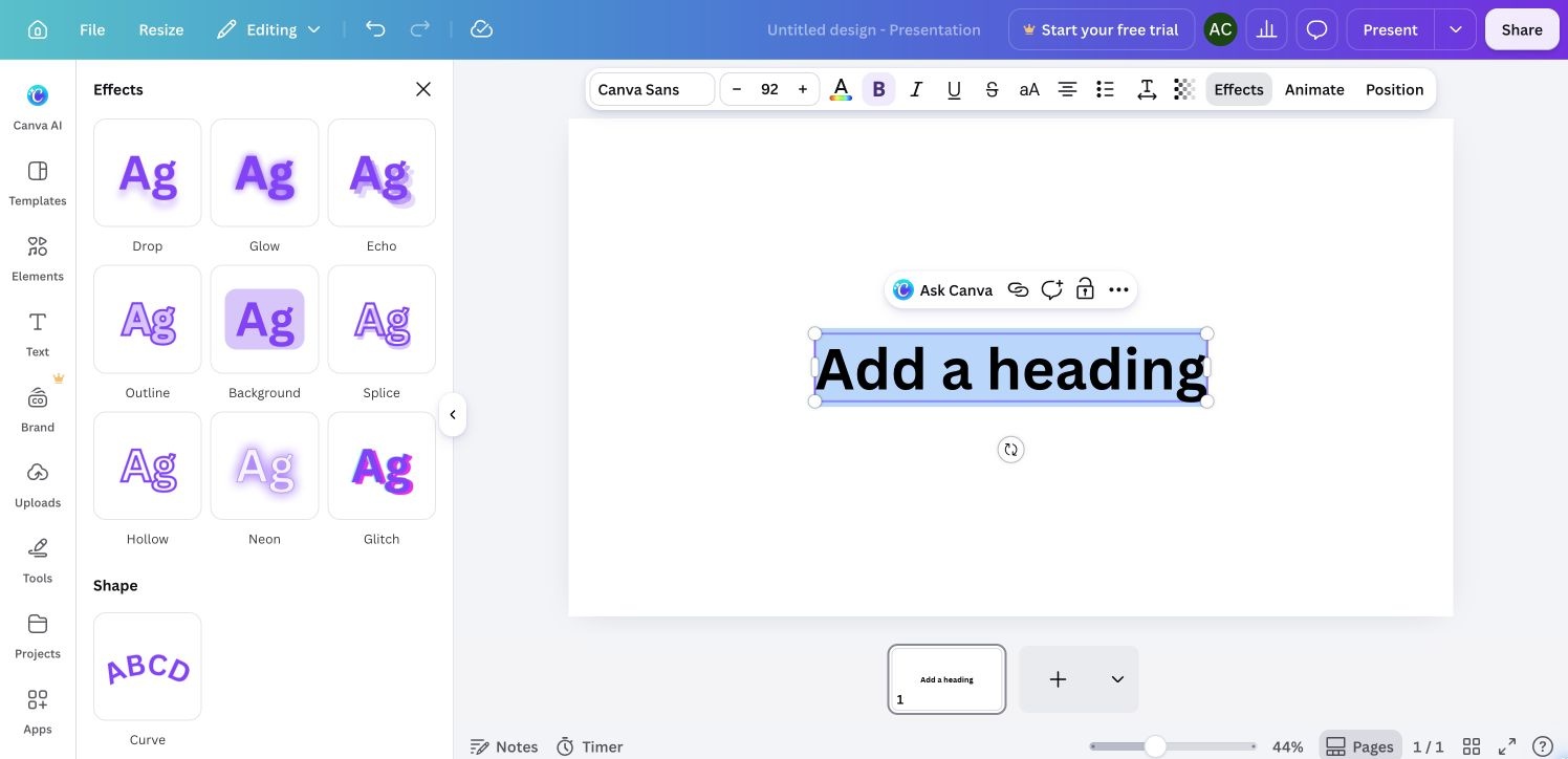Canva — Text effects