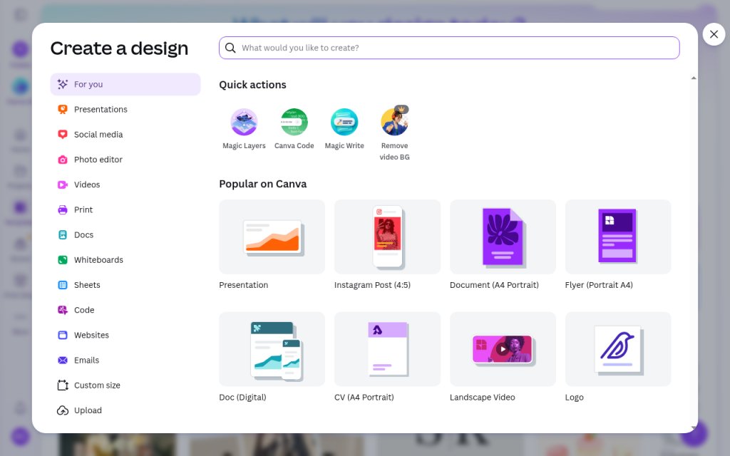 Canva — Create a design modal