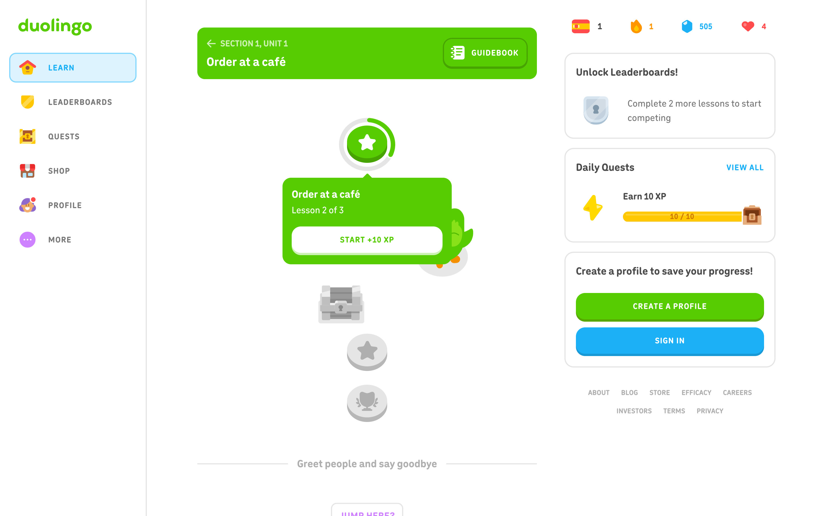 Duolingo Lesson start popover