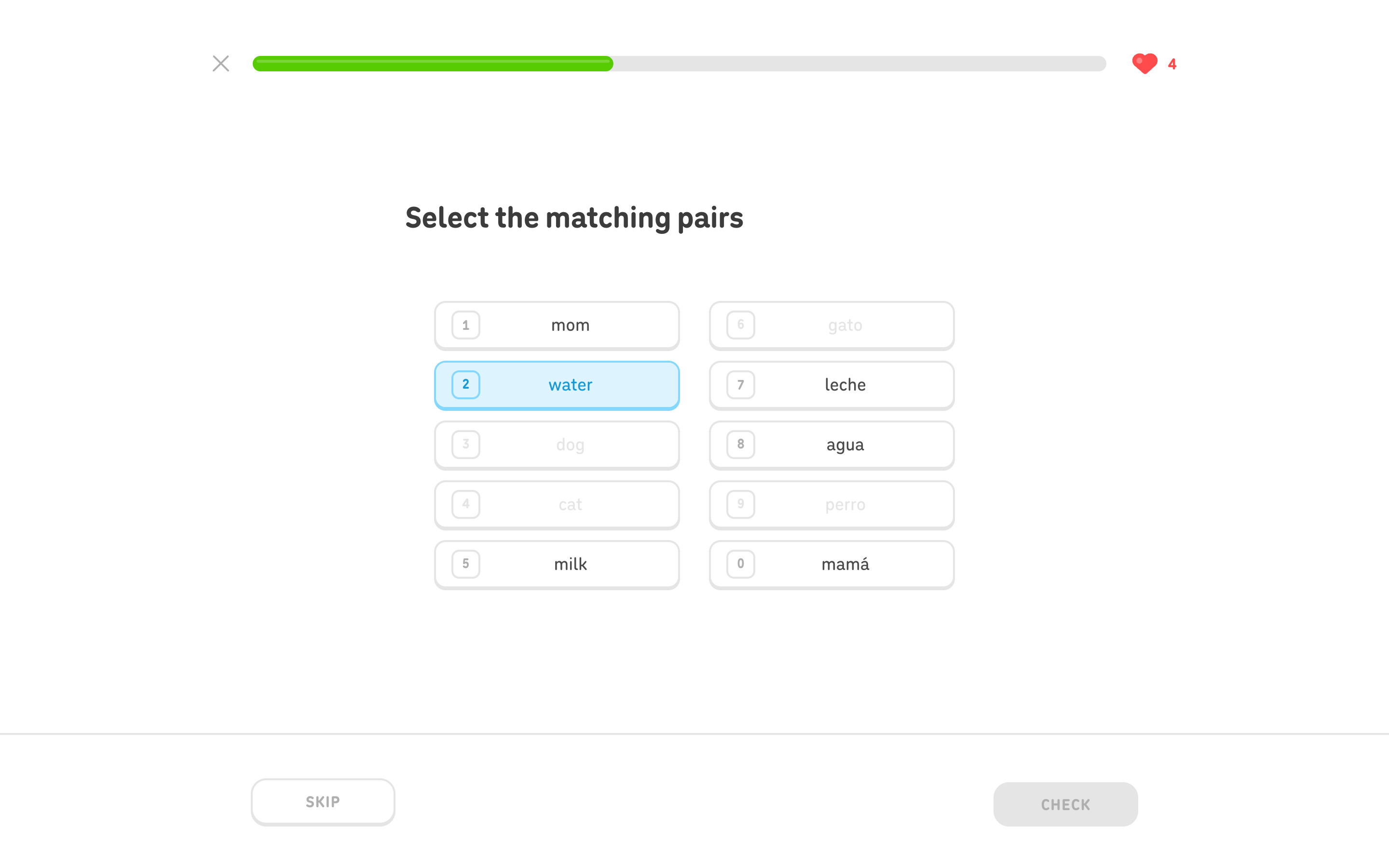 Duolingo Match pairs exercise