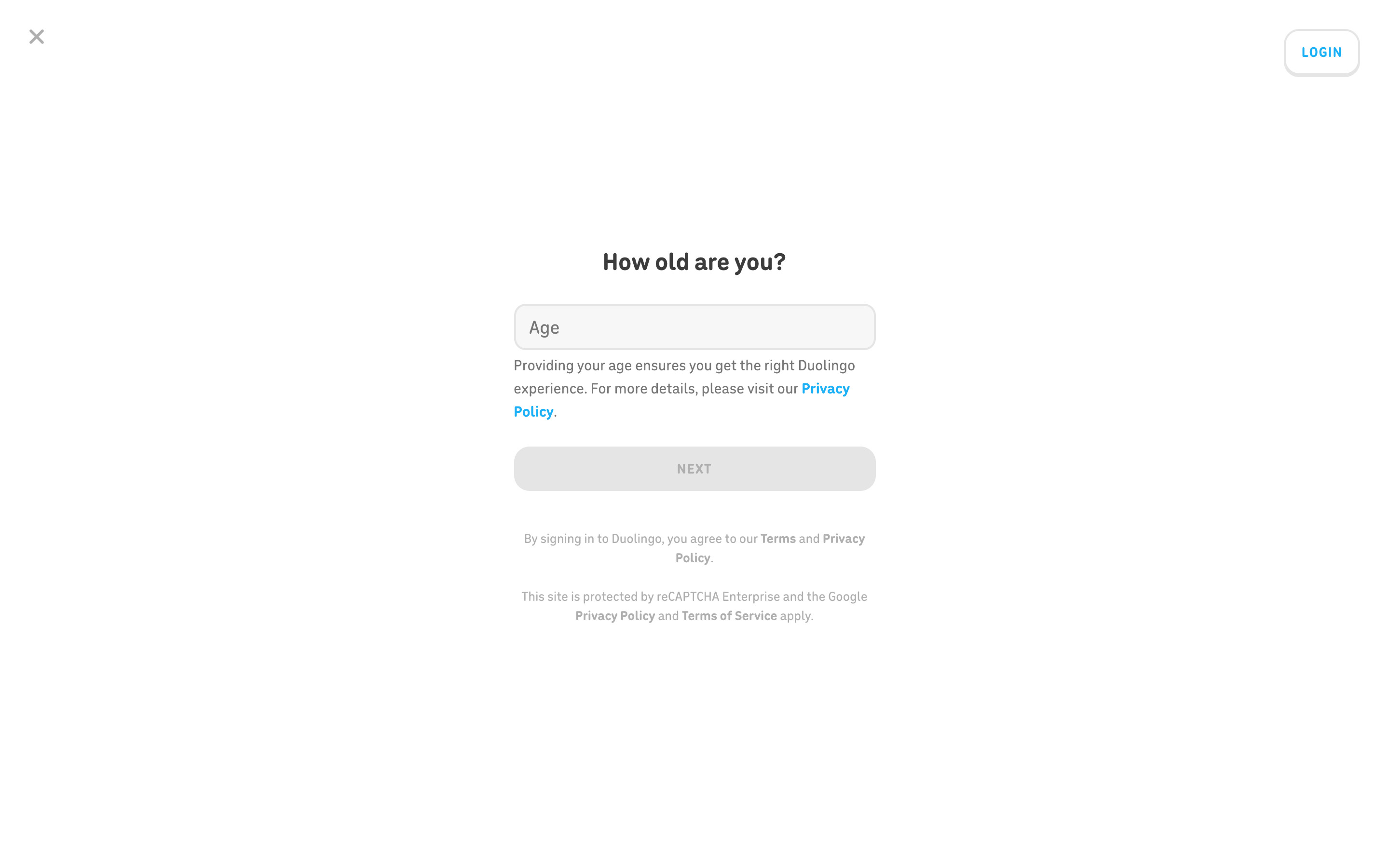 Duolingo — Sign-up, age step (empty)