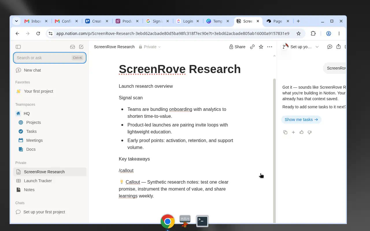 Notion — Sidebar + AI panel