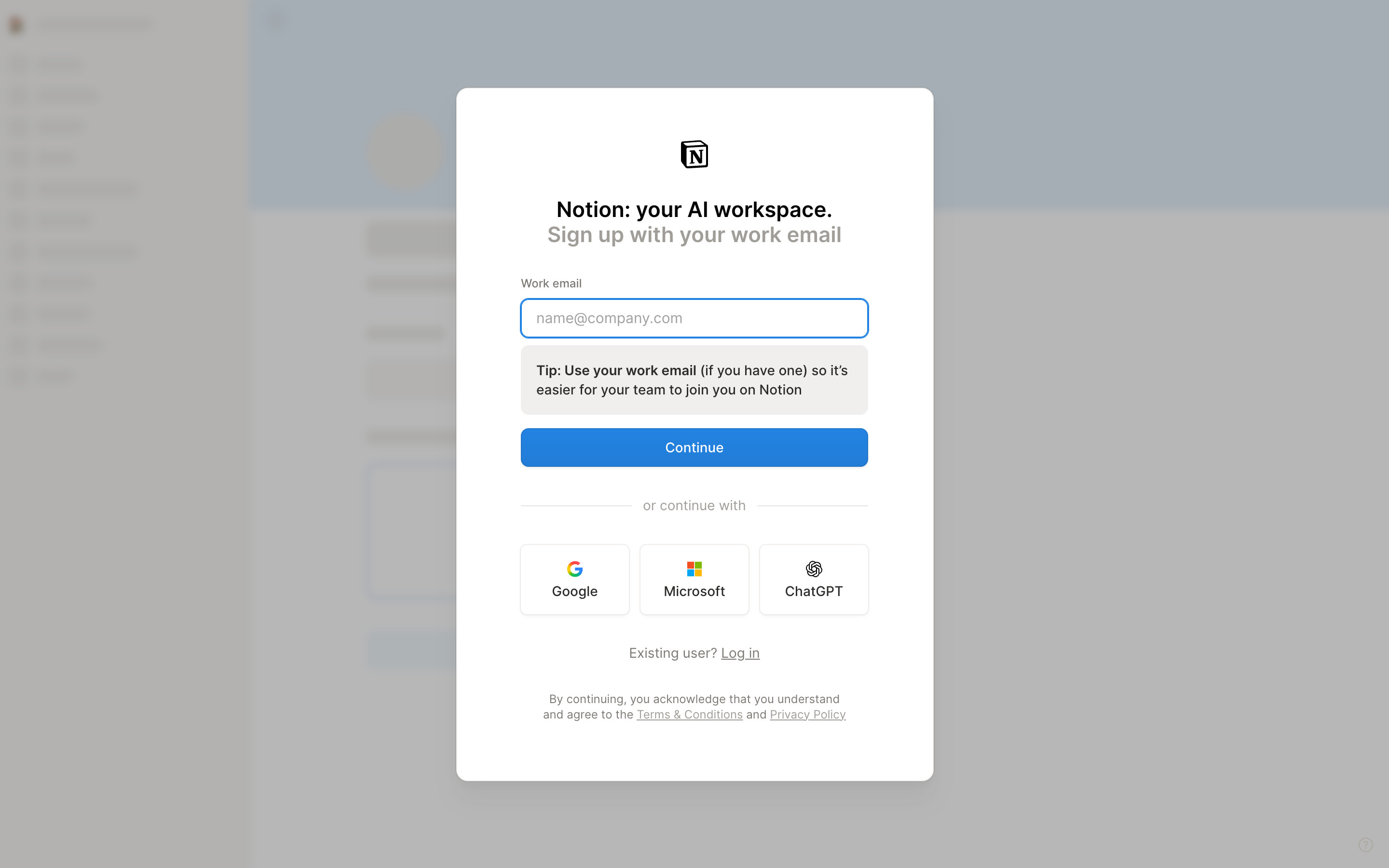 Notion — Sign up screen, empty