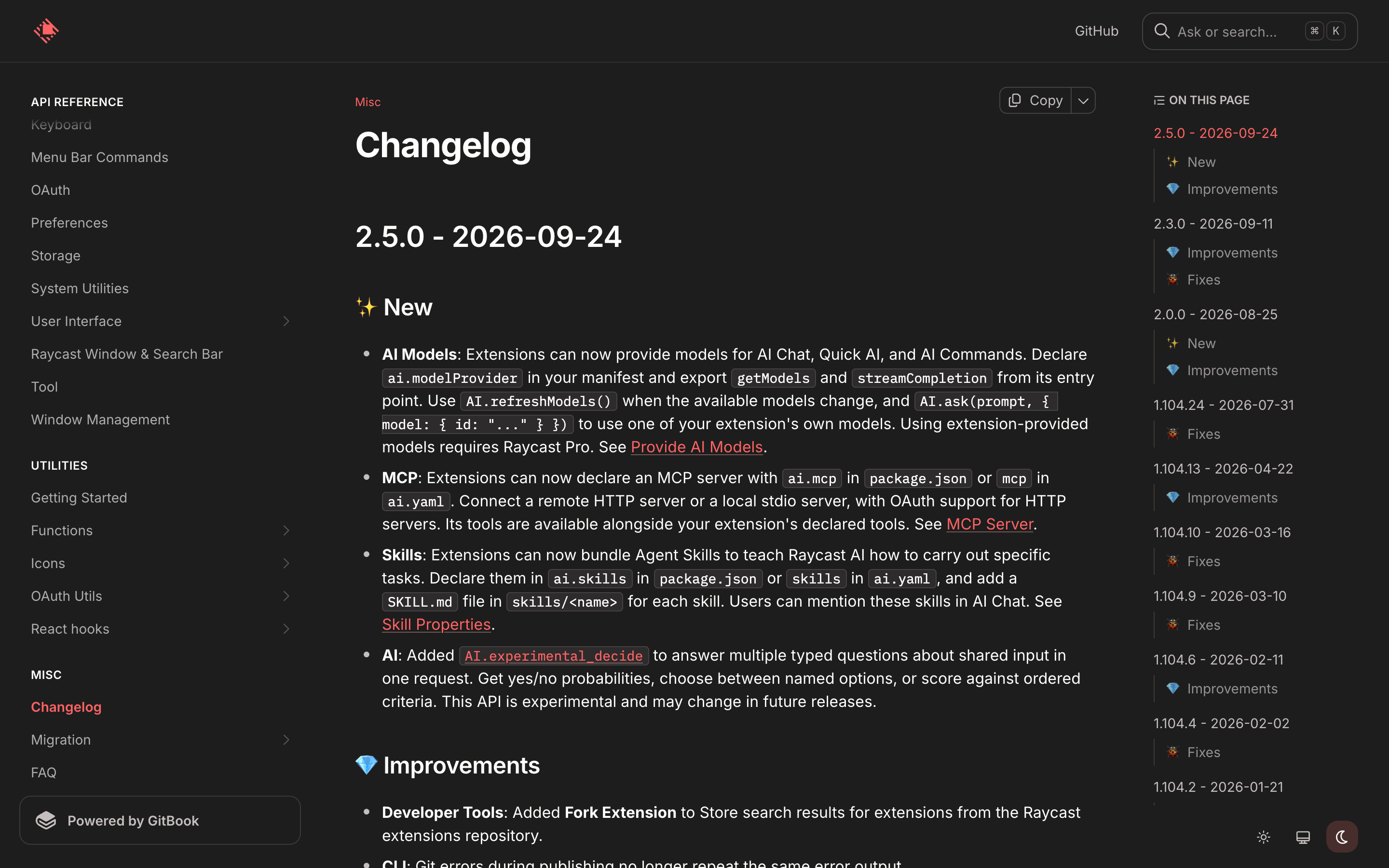 Raycast Developer docs changelog