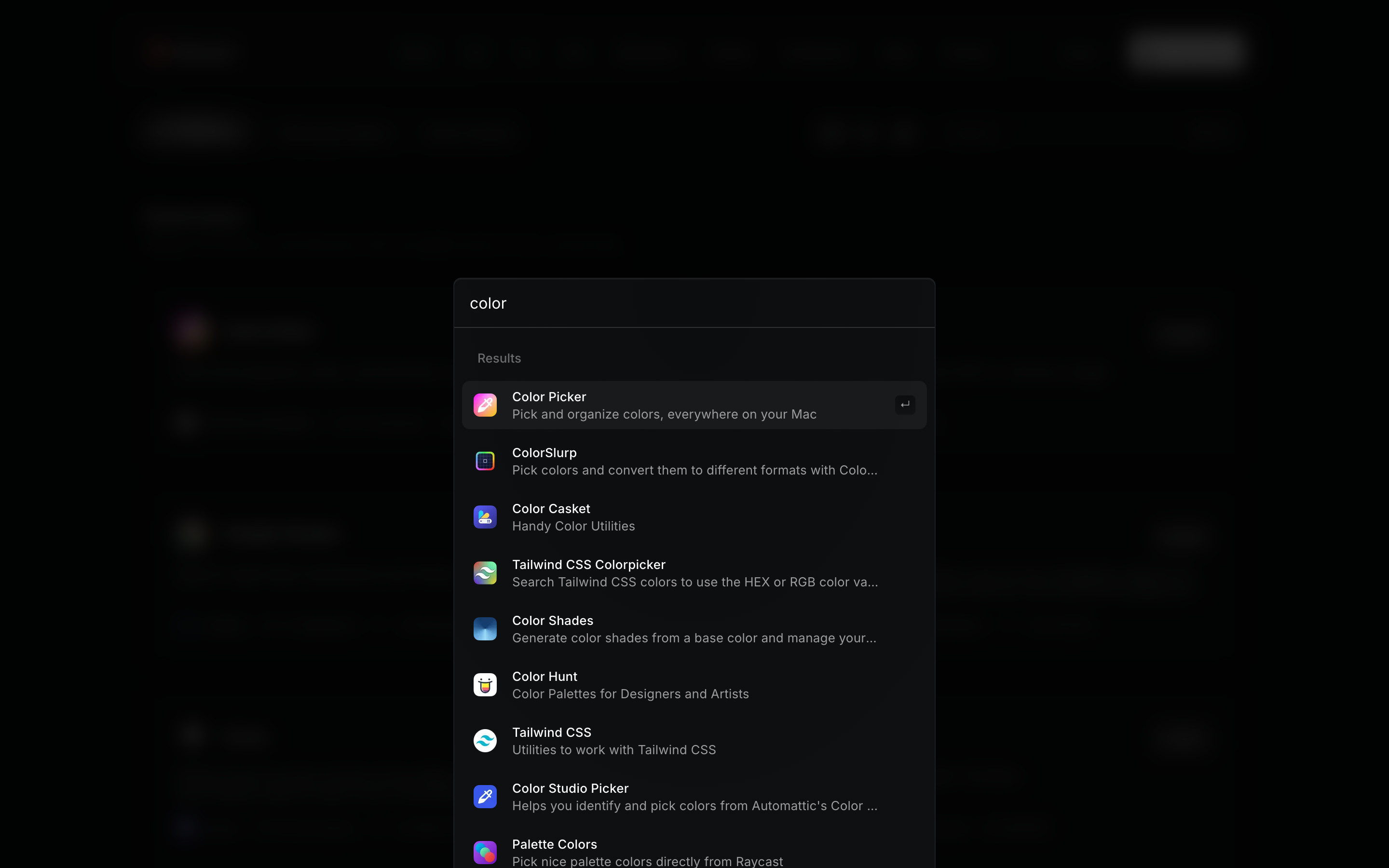 Raycast Search palette with results