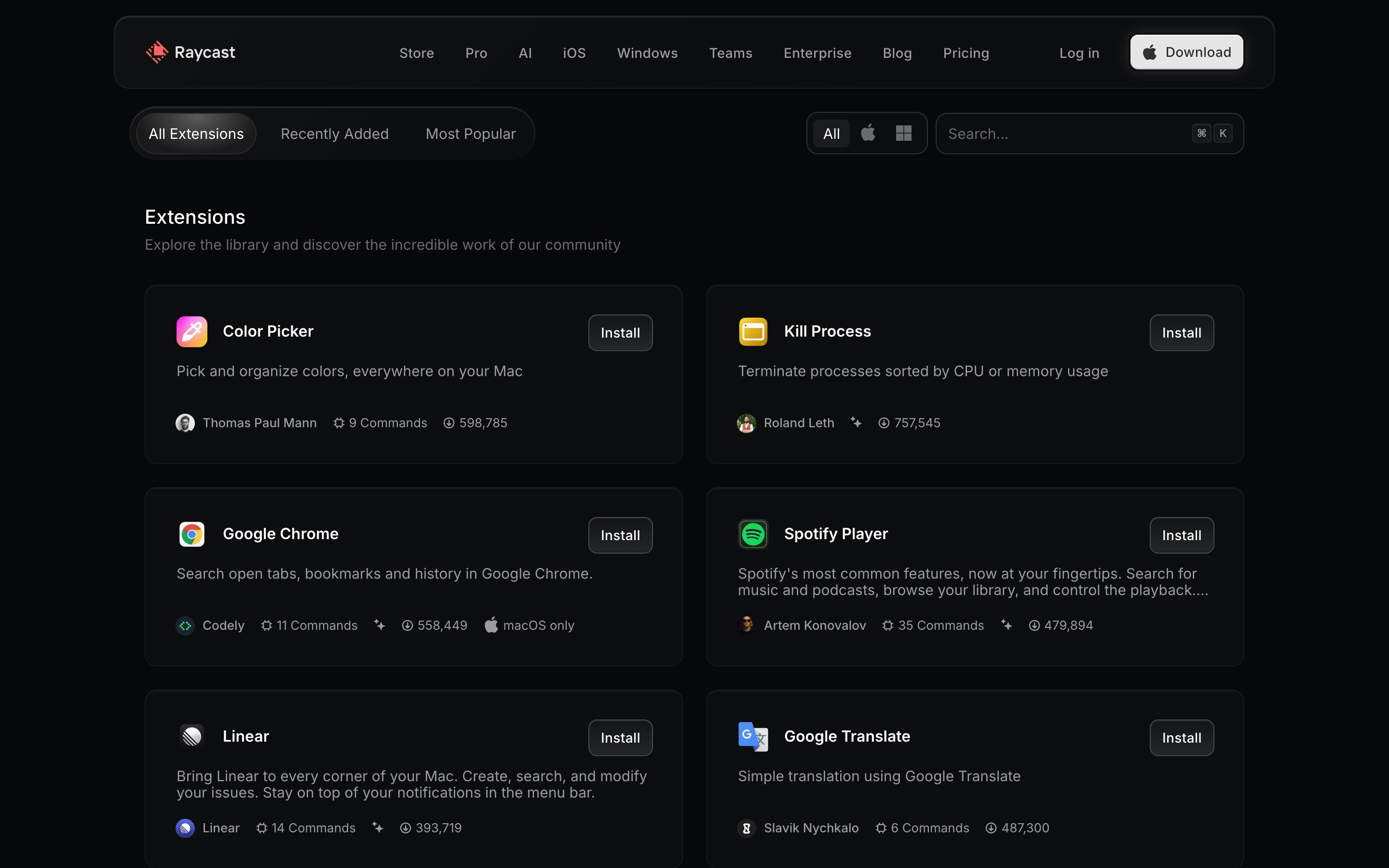 Raycast Store extension list