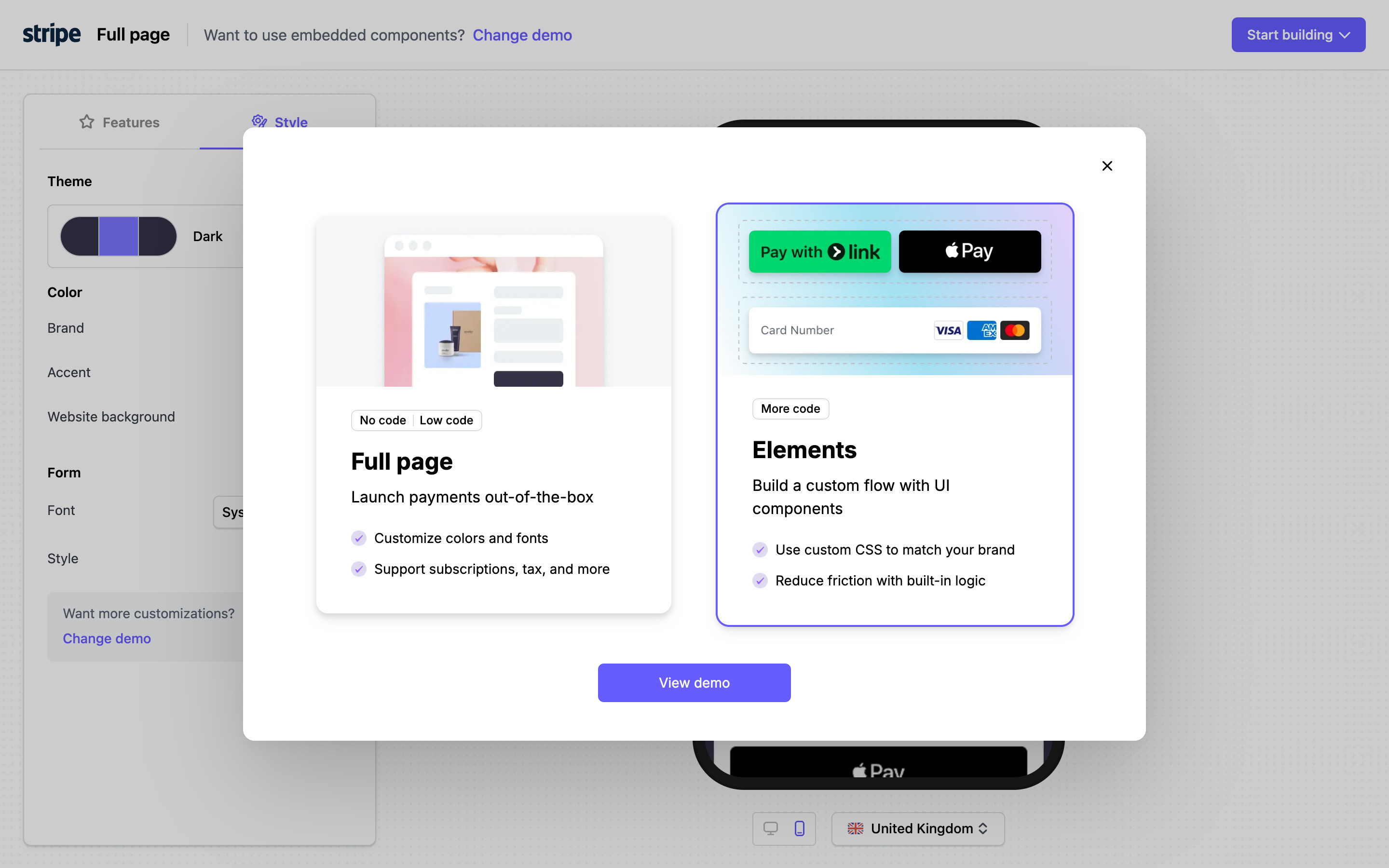 Stripe — Change demo modal, Elements selected