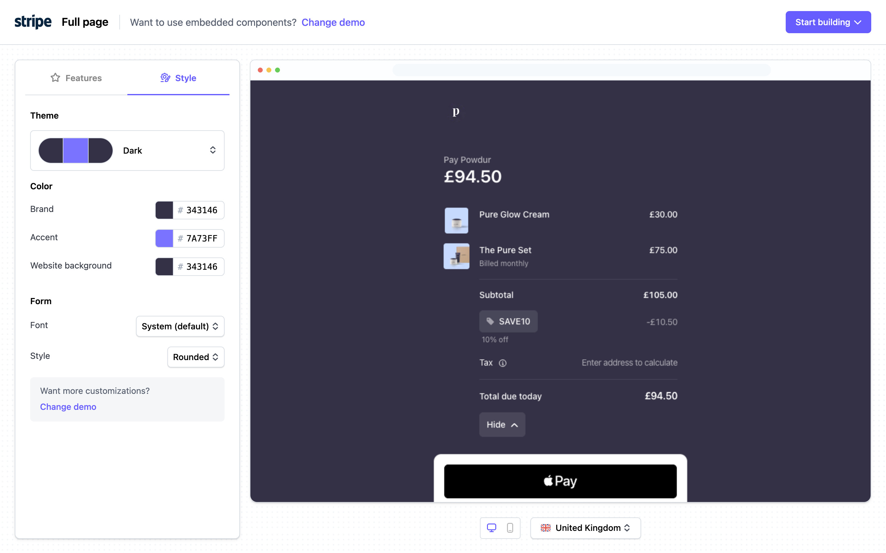 Stripe — Dark theme applied
