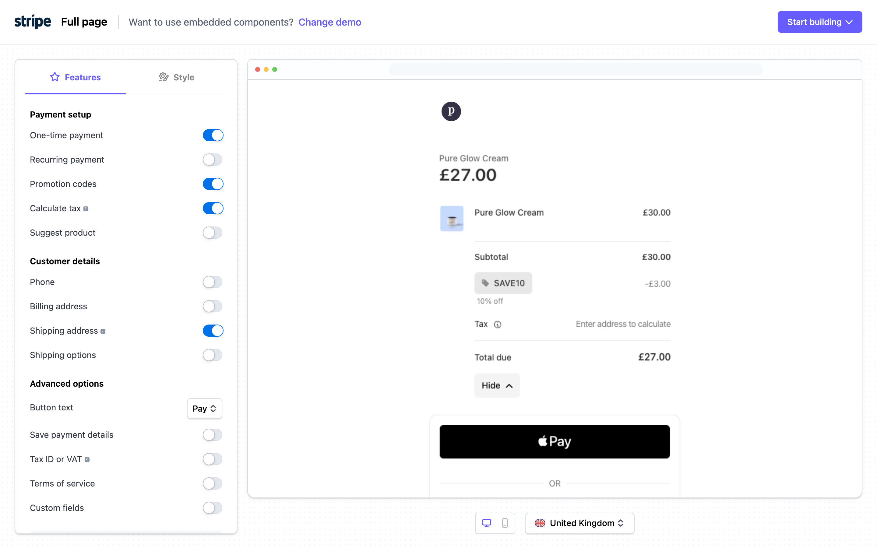 Stripe — Full page demo, default settings