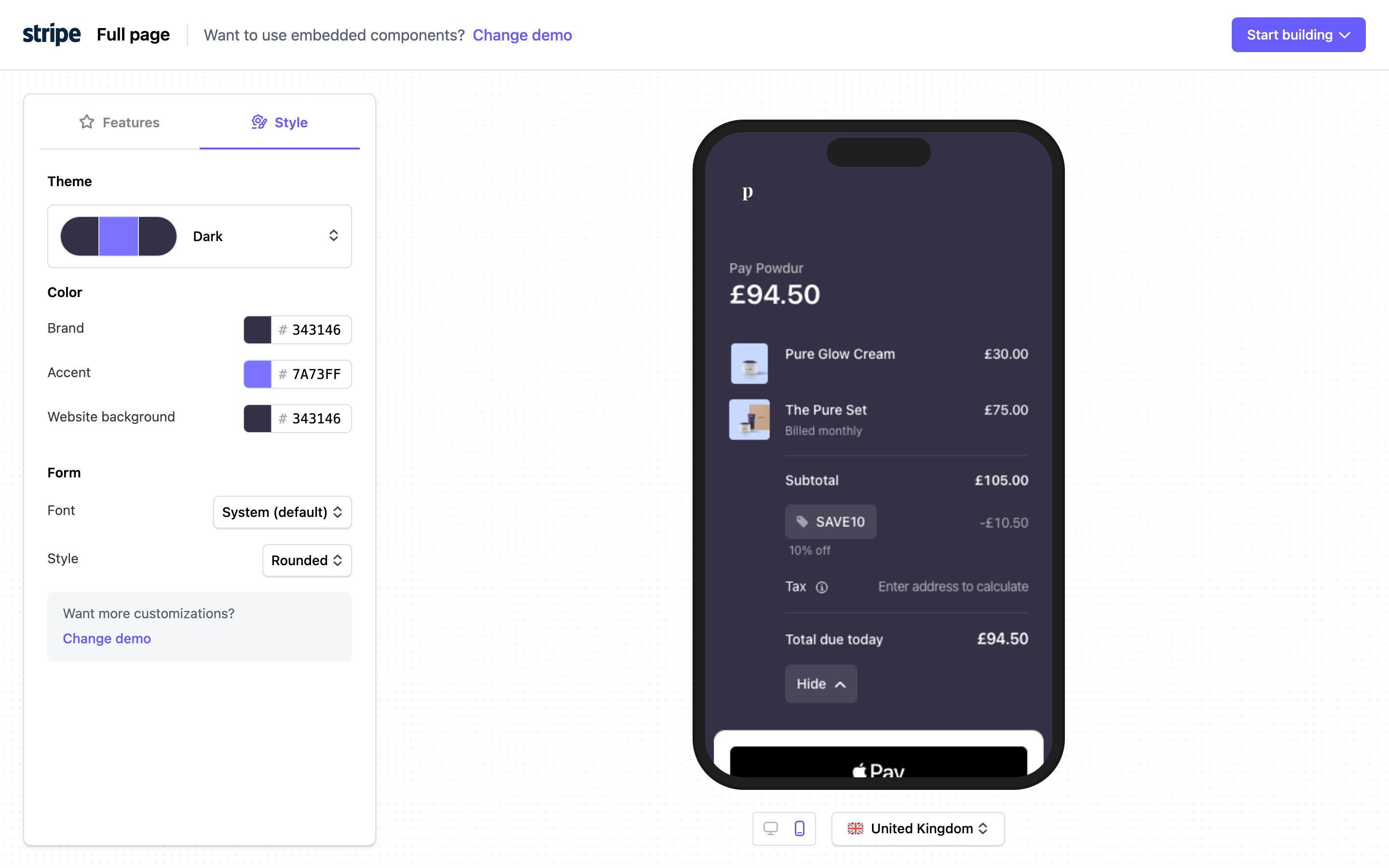 Stripe — Mobile preview, dark theme