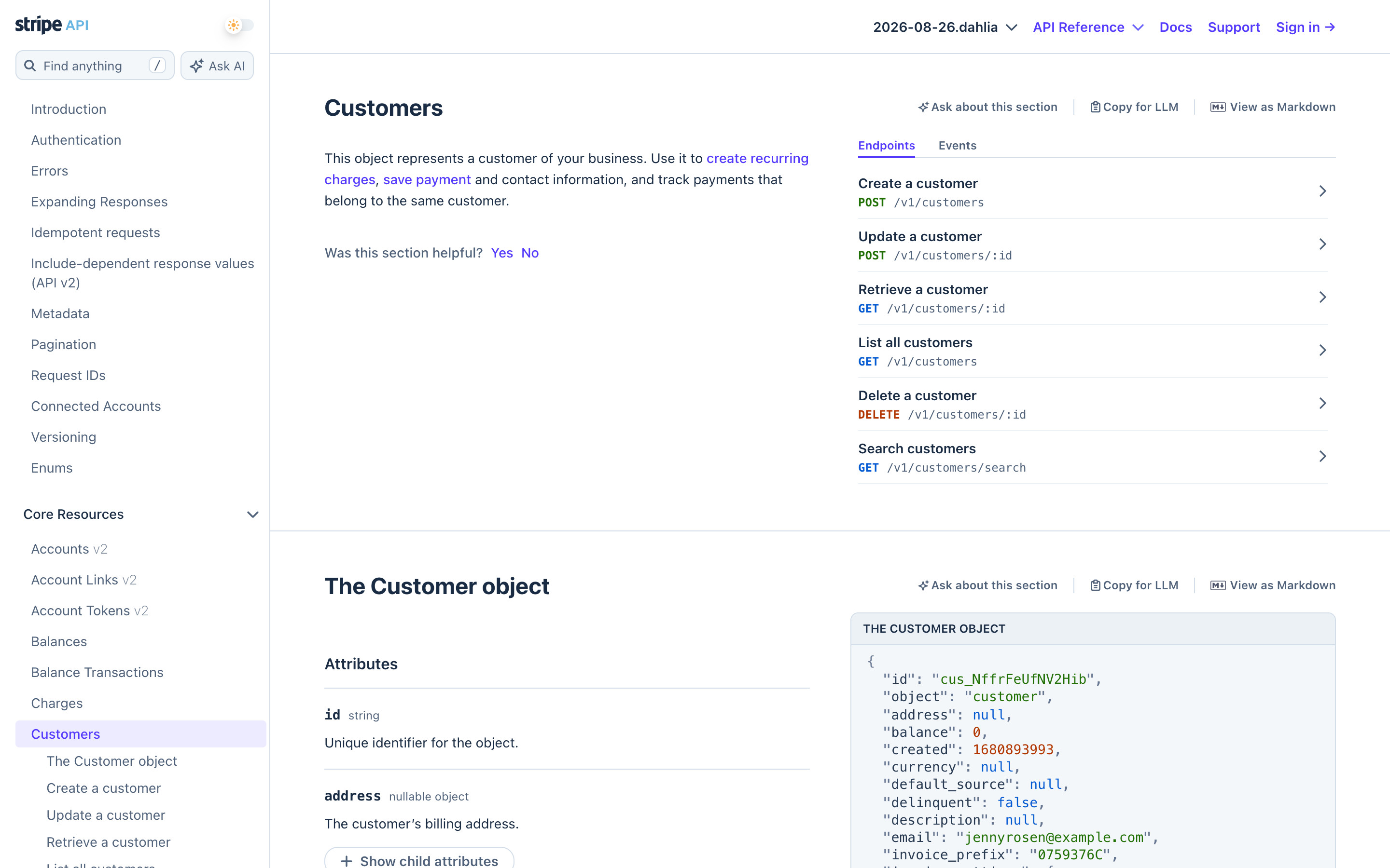 Stripe API reference: Customers