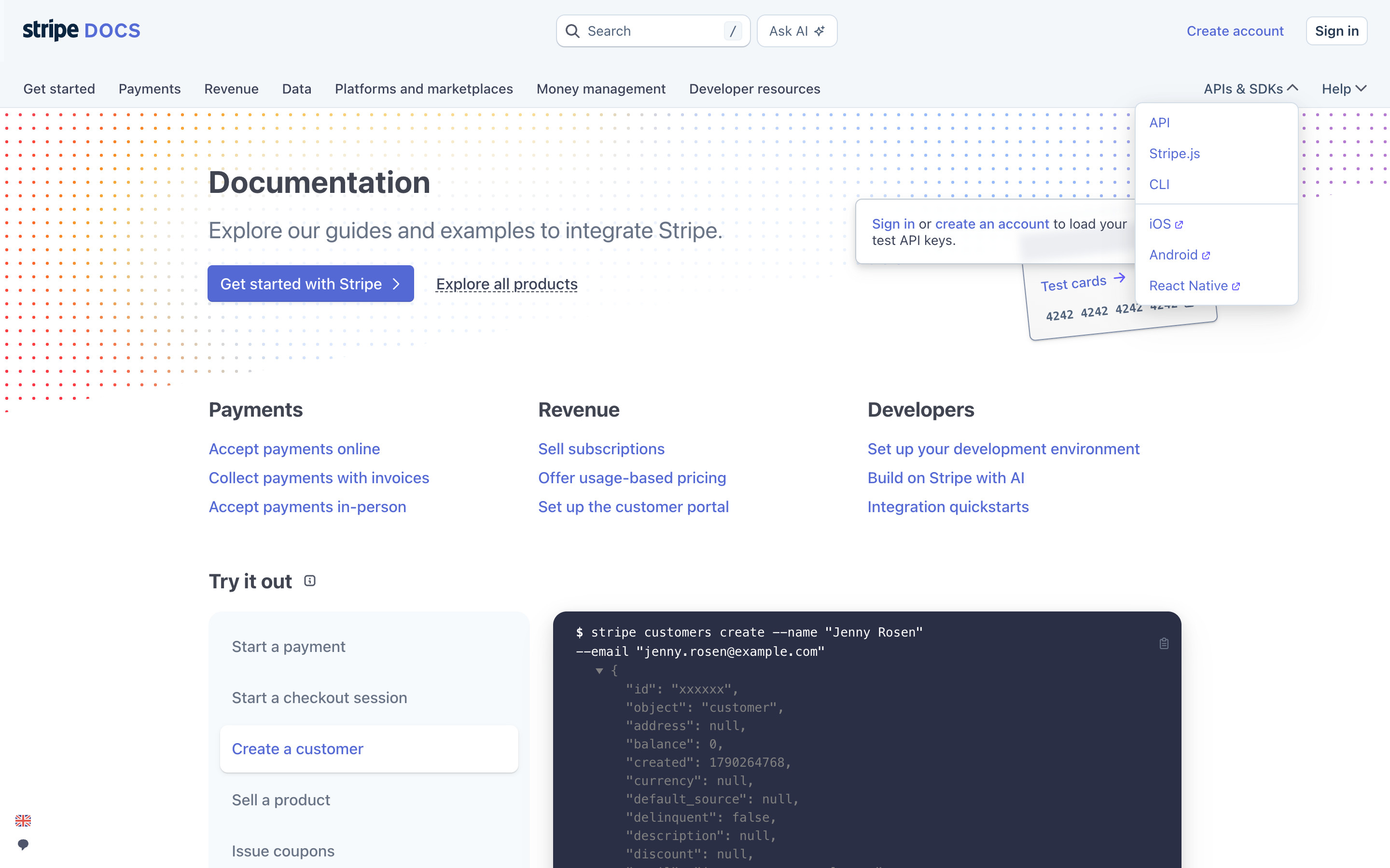Stripe APIs & SDKs menu