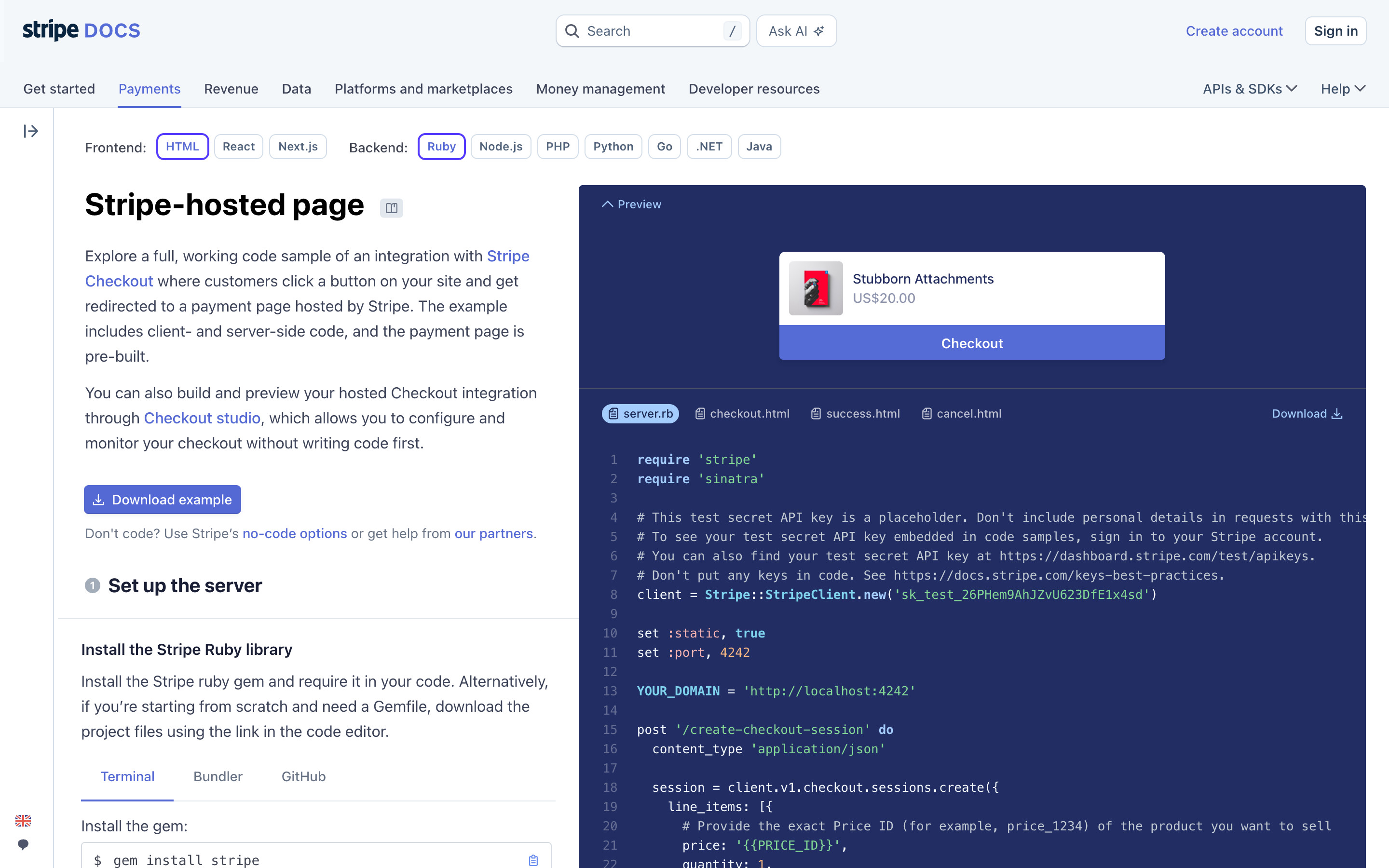 Stripe Quickstart: Stripe-hosted page