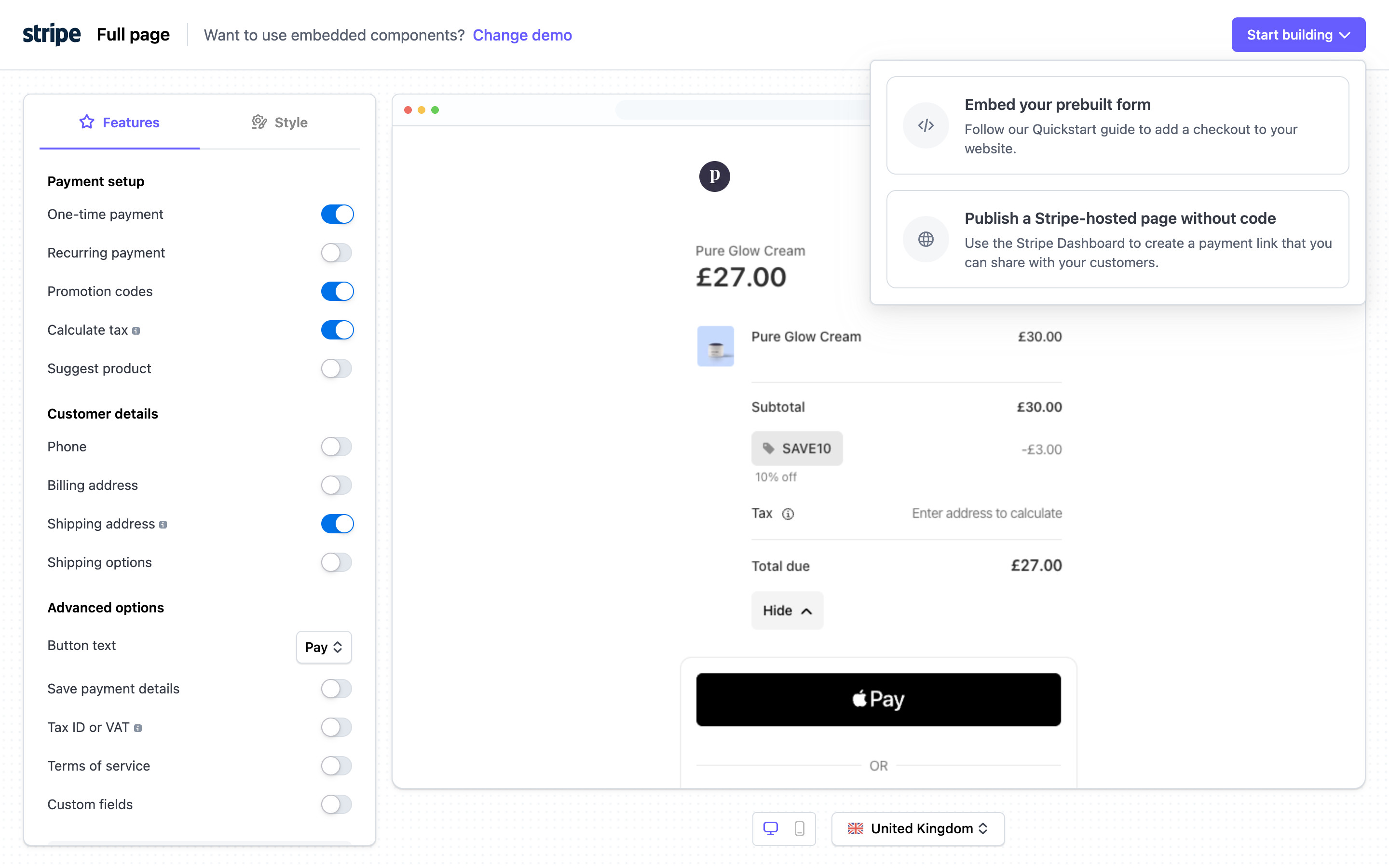 Stripe — Start building menu