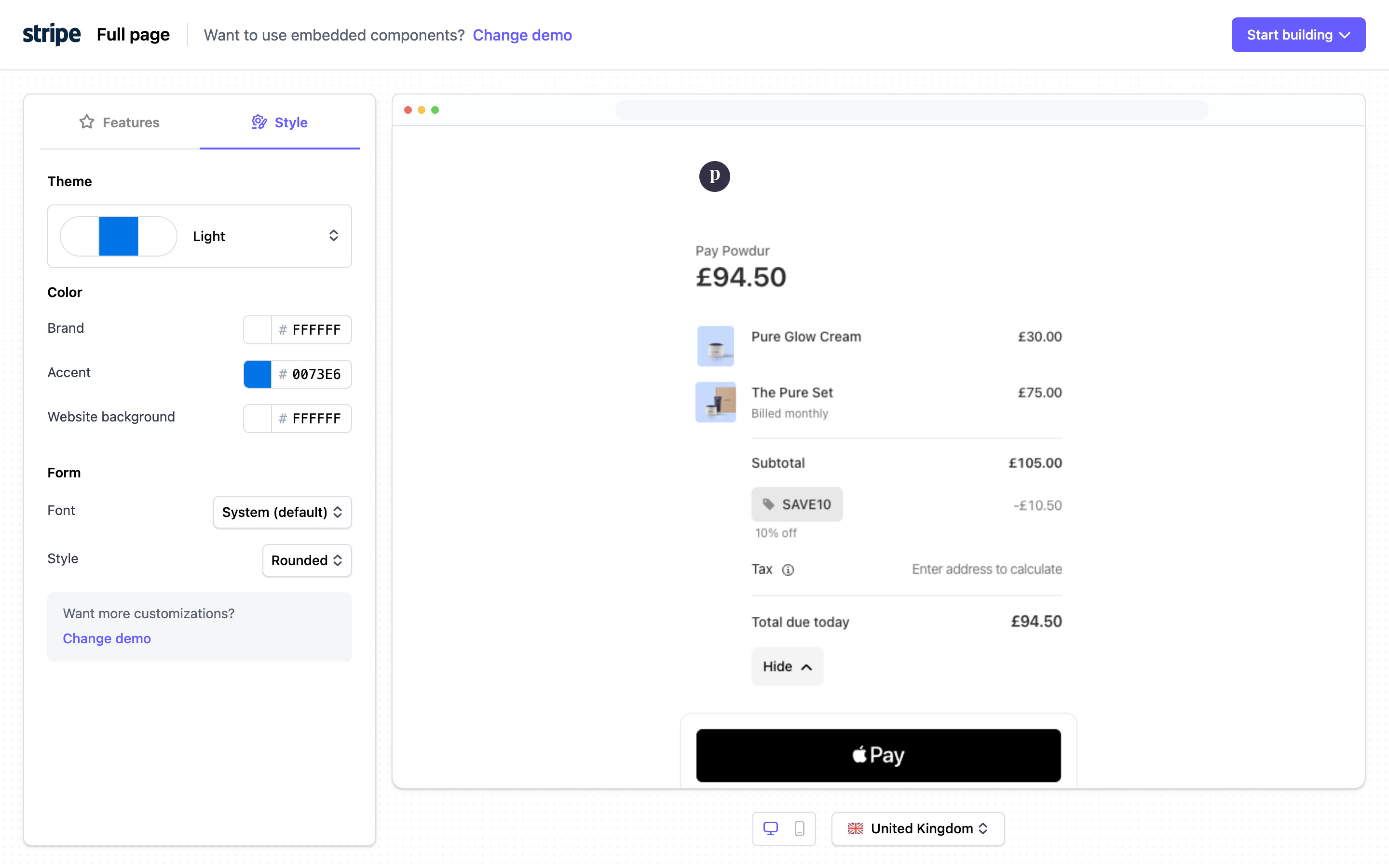 Stripe — Style tab