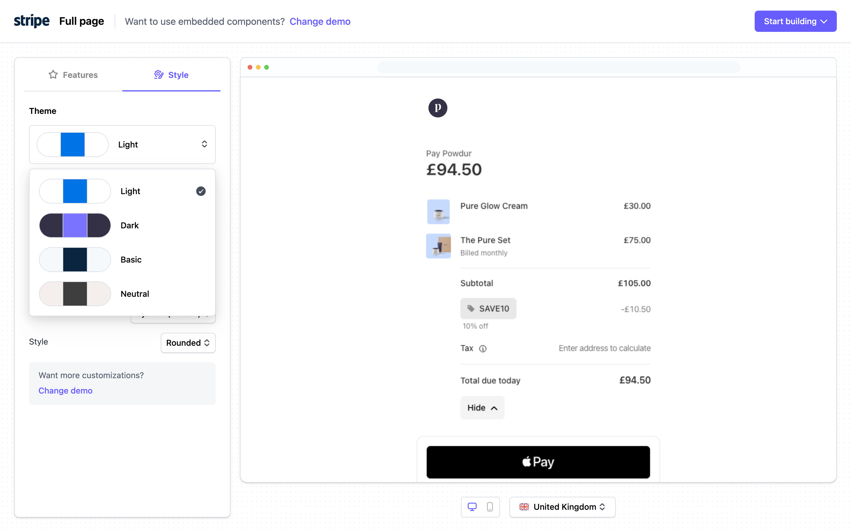 Stripe — Theme menu open