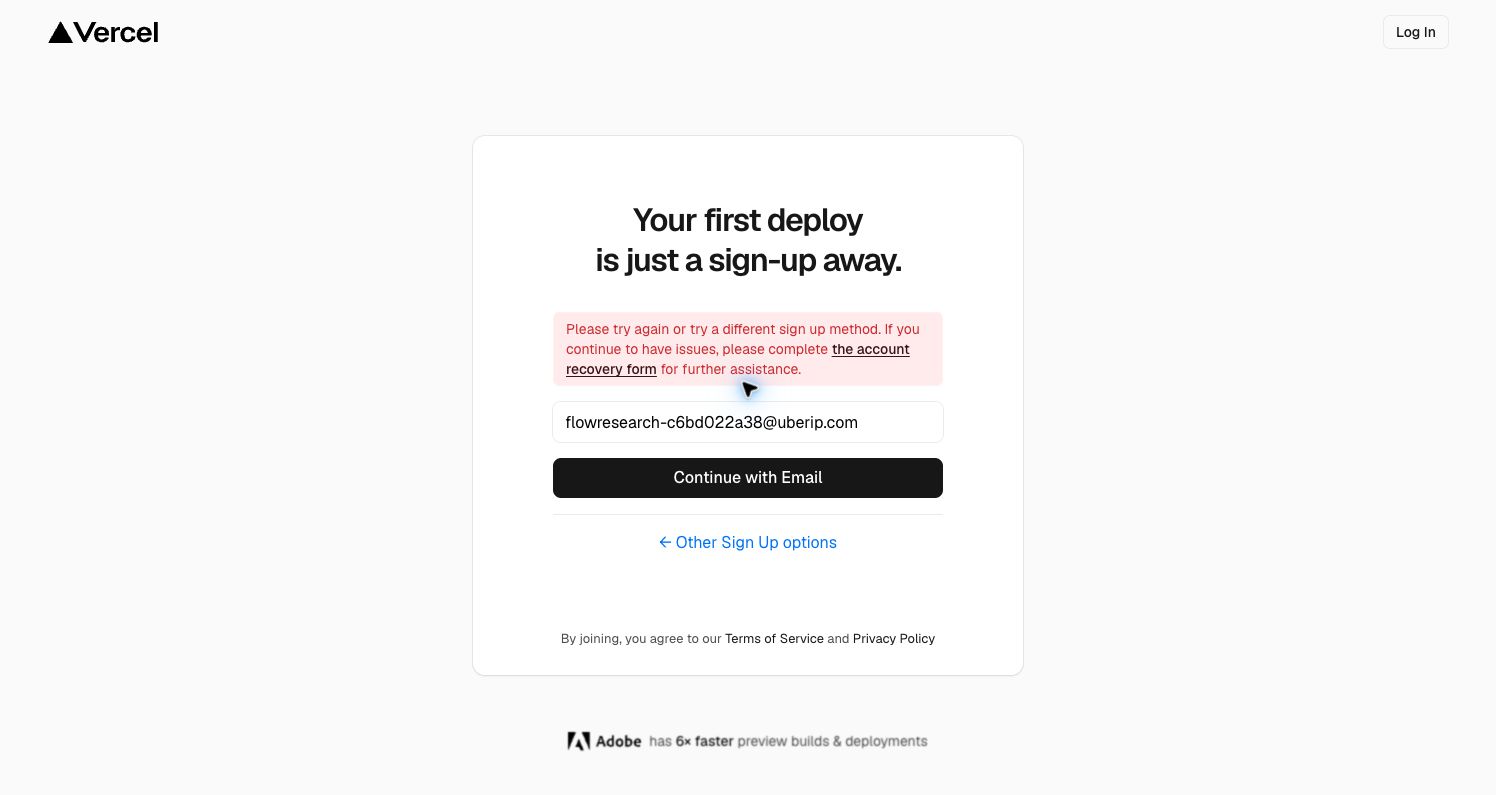 Vercel — Email signup error