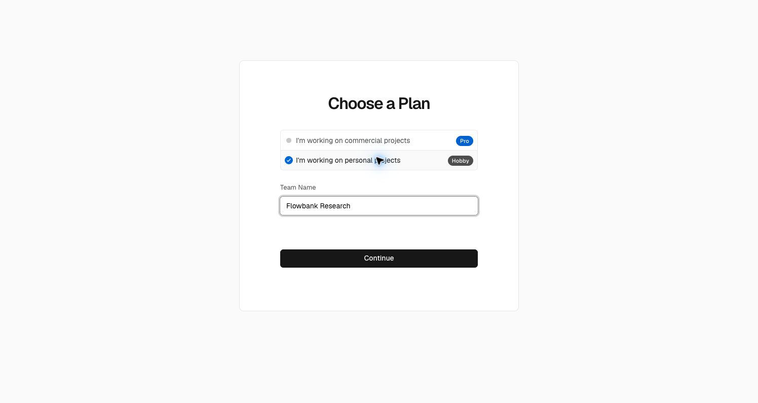 Vercel — Personal plan selected