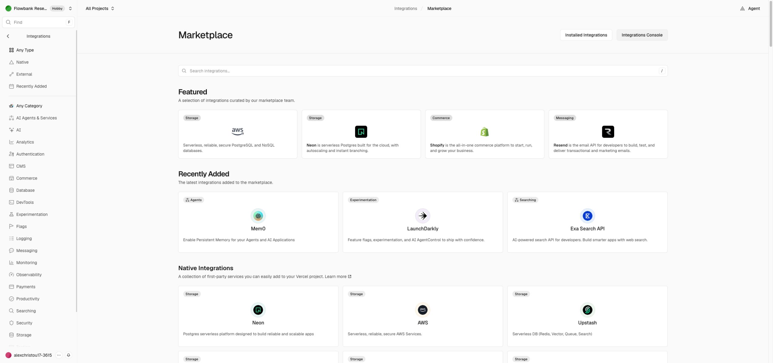Vercel Integration marketplace