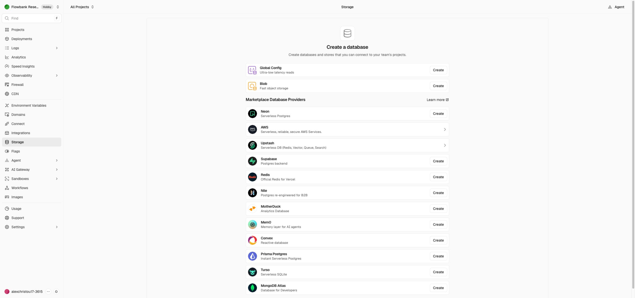 Vercel Storage marketplace