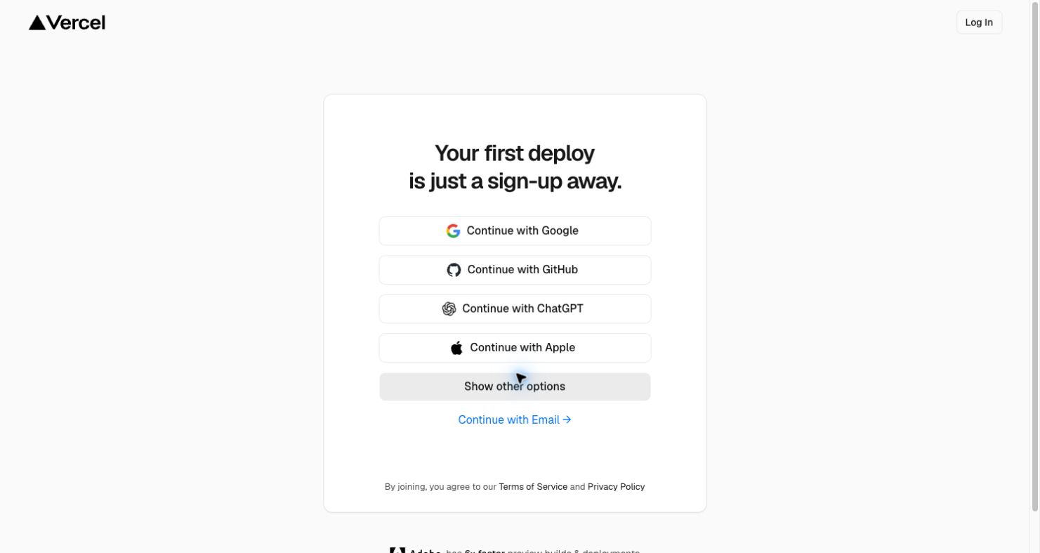 Vercel — Choose a sign-up method
